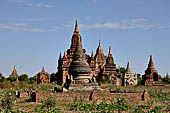 The cluster of red brick temples, named Khay-min-gha on the map on the North plain of Bagan. Myanmar. 